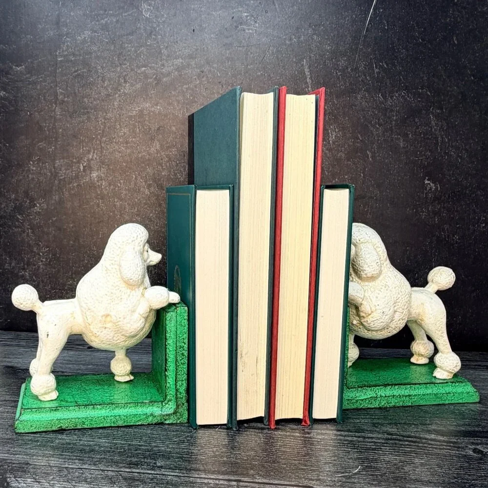 Cast Iron White Poodle Dog Bookends Pair Vintage Style Midcentury MCM Heavy